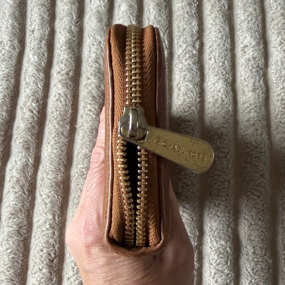 Michael Kors Tan Pebbled Leather Zip Around Continental Wallet Gold Logo Plaque